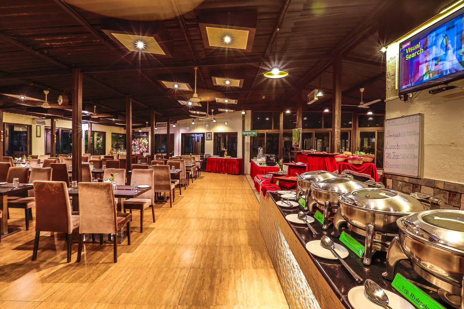 The restaurant set for group dining