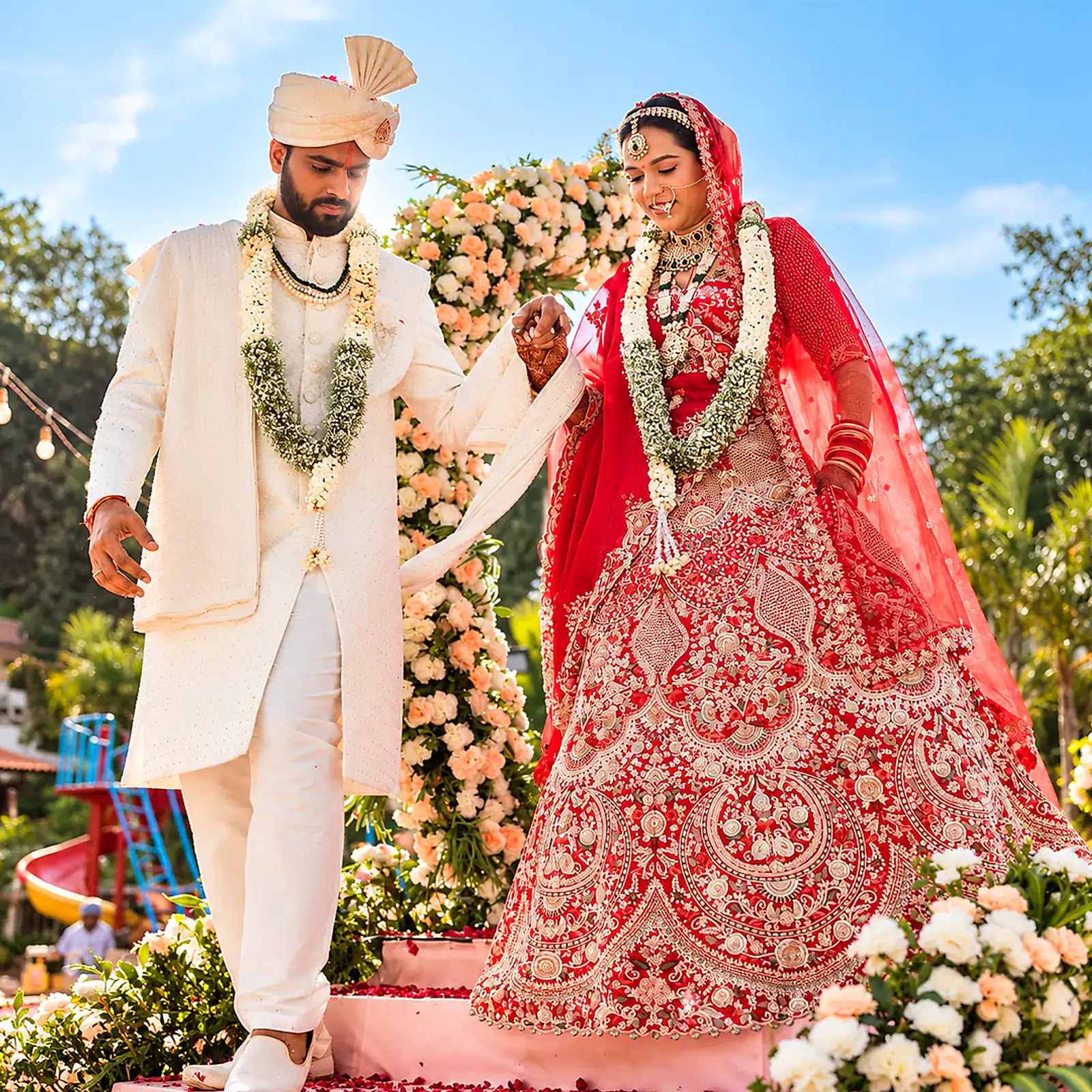 Bride and groom walking hand in hand past a floral arch, smiling