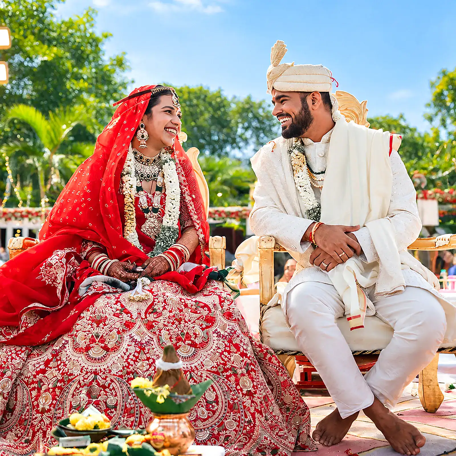 Bride and groom laughing together on the wedding stage, surrounded by flowers