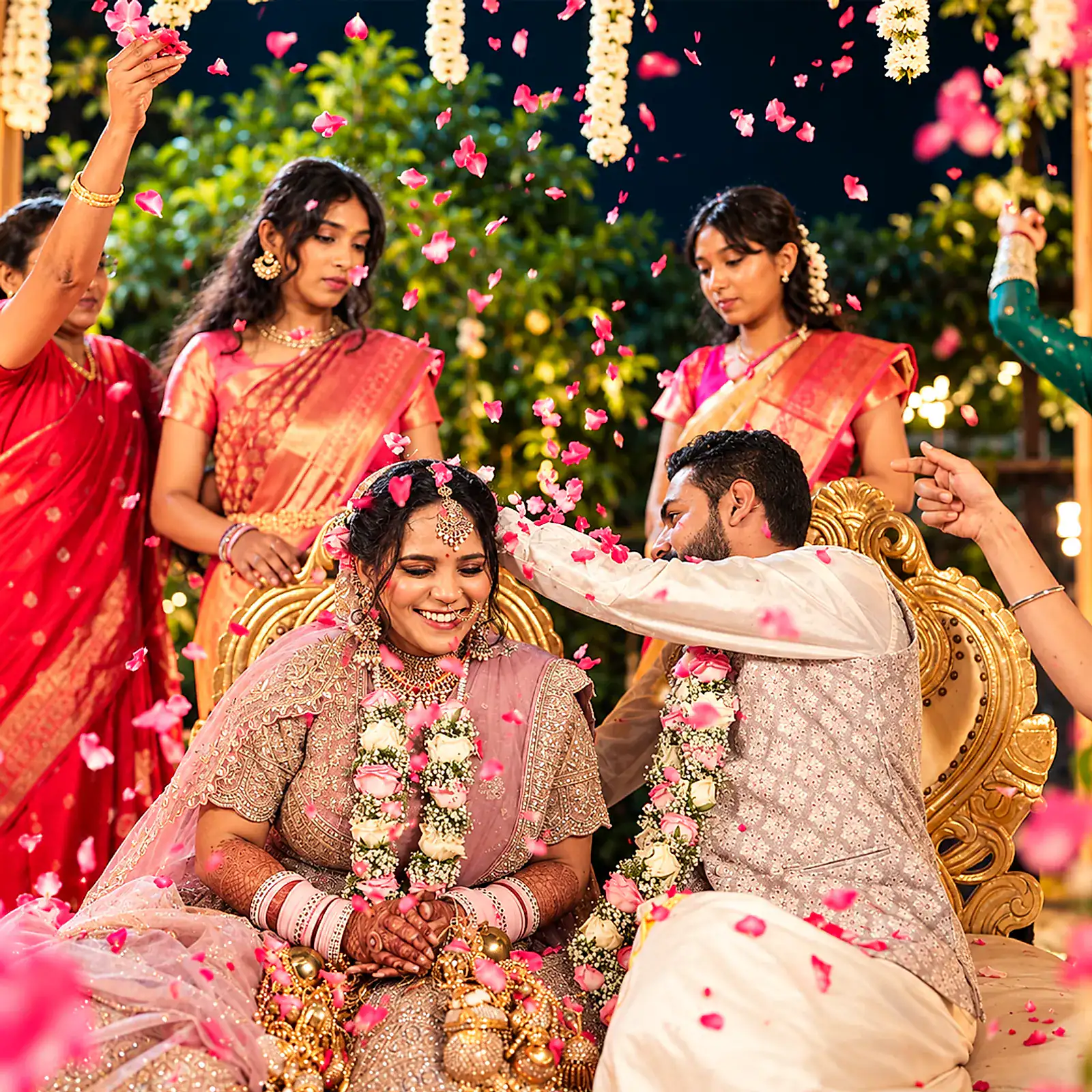 Petals falling as the couple exchange varmala, family cheering around them