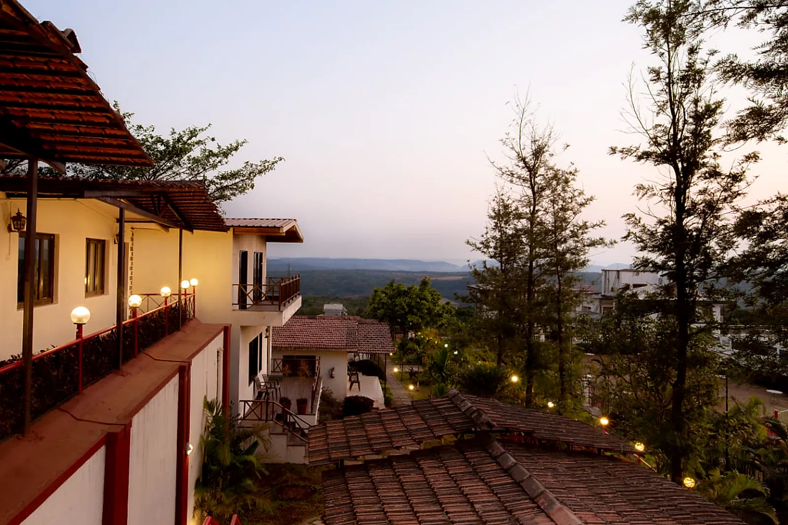 Valley view at dusk from the Hill Top Deluxe Cottages