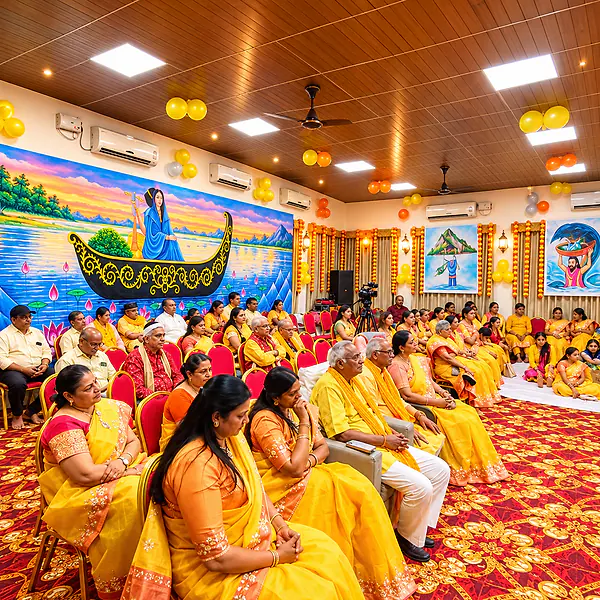 Devotees in yellow seated together for a satsang in a decorated hall